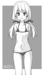 Rule 34 | 1girl, :d, arms behind back, bare shoulders, bikini, bow, breasts, collarbone, gluteal fold, grey background, greyscale, groin, hair bow, hatsunatsu, long hair, low twintails, micro bikini, monochrome, navel, open mouth, original, small breasts, smile, solo, swimsuit, twintails, two-tone background, white background