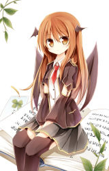 Rule 34 | 1girl, adapted costume, bat wings, book, brown eyes, brown hair, brown thighhighs, garter straps, head wings, koakuma, long hair, long sleeves, looking at viewer, necktie, oversized object, rabbit, shirt, sitting, sitting on object, skirt, solo, thighhighs, too many, too many rabbits, touhou, v arms, very long hair, vest, wide sleeves, wings, yuuhagi (amaretto-no-natsu)