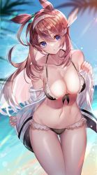 Rule 34 | 1girl, :o, animal ears, bare shoulders, bikini, black bikini, blue eyes, breasts, brown hair, chiachun0621, cleavage, collarbone, commentary, frilled bikini, frills, front-tie top, groin, hairband, halterneck, highres, horse ears, jacket, large breasts, long hair, looking to the side, midriff, mihono bourbon (umamusume), navel, off shoulder, outdoors, palm tree, see-through, see-through jacket, solo, standing, sunlight, swimsuit, swimsuit cover-up, tree, umamusume