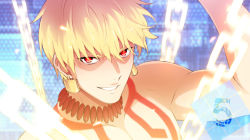 Rule 34 | 1boy, blonde hair, chain, close-up, countdown, danemaru, earrings, enkidu (weapon) (fate), fate/grand order, fate/hollow ataraxia, fate (series), gilgamesh (fate), grin, jewelry, male focus, necklace, red eyes, smile, solo, tattoo, topless male