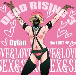 Rule 34 | 1boy, blonde hair, bondage, collar, dead rising, dead rising 3, dylan fuentes, gloves, harness, hat, male focus, mask, navel, nipples, pectorals, pink background, sharp teeth, smile, solo, teeth