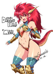 Rule 34 | 1girl, armlet, armor, boots, breasts, dragon girl, dragon half, dragon horns, dragon tail, elbow gloves, gauntlets, gloves, highres, horns, long hair, looking at viewer, medium breasts, mink (dragon half), open mouth, red eyes, red hair, sanemichi hajime, simple background, smile, solo, standing, tail, thighhighs