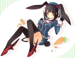 Rule 34 | 10s, 1girl, animal ears, black gloves, black hair, black thighhighs, blue hat, blush, breasts, carrot, female focus, full body, garter belt, gloves, hat, high heels, kantai collection, large breasts, looking at viewer, md5 mismatch, military, military uniform, miniskirt, orqz, rabbit ears, rabbit tail, red eyes, resized, resolution mismatch, short hair, skirt, solo, source larger, tail, takao (kancolle), thighhighs, uniform