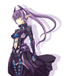 Rule 34 | 1girl, armor, clenched hand, elf, eretique reine, headgear, highres, long hair, navel, newman, original, phantasy star, phantasy star online 2, pointy ears, purple eyes, purple hair, shadow, simple background, solo, thighhighs, touya (the-moon), twintails, white background