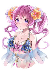 Rule 34 | 1girl, absurdres, bare shoulders, bikini, blue bikini, blush, bow, breasts, cleavage, closed mouth, collarbone, coral, cropped torso, flower, hair between eyes, hair bow, hair flower, hair ornament, highleg, highres, long hair, looking at viewer, medium breasts, misekiss, navel, pink hair, princess connect!, purple eyes, see-through, simple background, solo, swimsuit, tsumugi (princess connect!), tsumugi (summer) (princess connect!), twintails, upper body, very long hair, white background, white bow, yellow flower