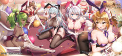 Rule 34 | 5girls, animal ears, anzumame, aqua eyes, ass, bag, balloon, bell, black footwear, black legwear, black leotard, blush, bow, breast hold, breasts, brown hair, cake, character request, cleavage, collar, copyright notice, cupcake, dark-skinned female, dark skin, drink, elbow gloves, everyone, fake animal ears, food, gloves, green eyes, green hair, grey hair, hair ornament, hair ribbon, headband, high heels, highres, lace, lace-trimmed legwear, lace trim, large breasts, leotard, logo, medium breasts, multiple girls, official art, on floor, orange eyes, pantyhose, pink leotard, playboy bunny, pointy ears, purple leotard, rabbit ears, rabbit girl, rabbit tail, red footwear, red leotard, ribbon, see-through, seiza, shopping bag, short hair, sitting, small breasts, tail, tan, the symphony of dragon and girls, thighhighs, twintails, white legwear, yellow eyes