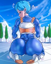 Rule 34 | 1girl, ass, bad id, bad twitter id, blue bodysuit, blue hair, blue sky, blurry, blurry background, bodysuit, bulma, closed mouth, cloud, commentary, d-art, dragon ball, english commentary, from behind, gloves, huge ass, lens flare, looking at viewer, looking back, mature female, saiyan armor, seiza, sitting, skin tight, sky, solo, tree, white footwear, white gloves