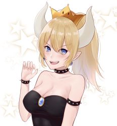 Rule 34 | 1girl, :d, armlet, bare shoulders, blonde hair, blue eyes, blush, bonkithy, borrowed design, bowsette, bracelet, breasts, claw pose, cleavage, collar, collarbone, crown, earrings, fang, hand up, highres, horns, jewelry, large breasts, long hair, looking at viewer, mario (series), nintendo, open mouth, pointy ears, ponytail, smile, solo, spiked armlet, spiked bracelet, spiked collar, spikes, star (symbol), starry background, super crown, upper body, v-shaped eyebrows