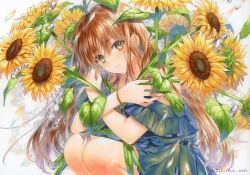 Rule 34 | 1girl, artist name, bare shoulders, blush, bracelet, brown hair, closed mouth, commentary, crossed wrists, dress, feet out of frame, flower, frilled dress, frills, from side, green dress, green eyes, hair between eyes, holding, holding flower, hugging object, jewelry, light brown hair, light smile, long hair, looking at viewer, looking to the side, loose hair strand, machinaga yuzuru, marker (medium), off-shoulder dress, off shoulder, original, short sleeves, signature, solo, squatting, sunflower, traditional media, twitter username, very long hair, water drop, white background, yellow flower