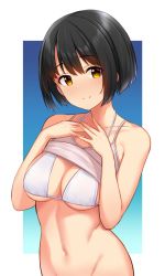 Rule 34 | 1girl, bikini, bikini top only, bikini under clothes, black hair, blue background, border, bottomless, breasts, closed mouth, clothes lift, collarbone, commentary request, groin, hands up, idolmaster, idolmaster cinderella girls, looking at viewer, medium breasts, navel, out-of-frame censoring, outside border, shirt, shirt lift, short hair, simple background, smile, solo, stomach, swimsuit, takafuji kako, tomajiyama, white bikini, white border, white shirt, yellow eyes