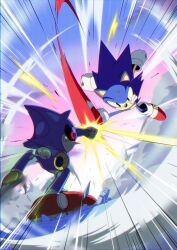 Rule 34 | 1boy, animal nose, banel springer, battle, black eyes, clenched teeth, cloud, emphasis lines, epic, fighting, flying kick, full body, furry, furry male, gloves, glowing, glowing eyes, gradient sky, highres, kicking, looking at another, metal sonic, motion blur, outdoors, punching, red eyes, red footwear, robot, shoes, sky, sonic (series), sonic the hedgehog, sonic the hedgehog (ova), standing, teeth, v-shaped eyes, white gloves