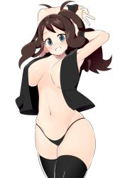 Rule 34 | 1girl, armpits, arms behind head, blue eyes, blush, breasts, brown hair, creatures (company), game freak, grin, highres, hilda (pokemon), large breasts, legs, looking at viewer, navel, nintendo, no bra, pokemon, pokemon bw, ponytail, smile, solo, thick thighs, thighhighs, thighs, thong, tottotonero, v