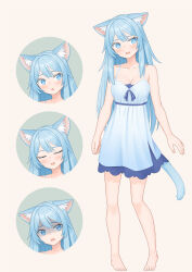 Rule 34 | 1girl, :o, absurdres, animal ear fluff, animal ears, barefoot, blue dress, blue eyes, blue hair, breasts, cat ears, cat girl, cat tail, closed eyes, dress, ears down, expressions, full body, highres, large breasts, long hair, mao lian (nekokao), original, shaded face, short dress, simple background, sleeveless, sleeveless dress, standing, tail