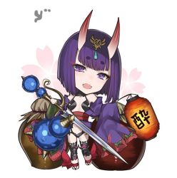 Rule 34 | 1girl, :d, artist name, bottle, chibi, fangs, fate/grand order, fate (series), gourd, hair ornament, half-closed eyes, holding, holding sword, holding weapon, horns, lantern, obi, open mouth, paper lantern, purple eyes, purple hair, revealing clothes, sake bottle, sandals, sash, short hair, shuten douji (fate), simple background, skin-covered horns, smile, solo, sword, thick eyebrows, tiara, urn, weapon, white background, yaman (yamanta lov)