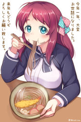 Rule 34 | 1girl, :t, blue bow, blue bowtie, blue eyes, blue jacket, bow, bowl, bowtie, breasts, chopsticks, commentary request, eating, food, food in mouth, food on face, hair ribbon, holding, holding bowl, jacket, long sleeves, looking at viewer, medium breasts, medium hair, minamoto sakura, noodles, open clothes, open jacket, polka dot, polka dot ribbon, purple hair, ramen, ribbon, school uniform, shirt, shrimp, shrimp tempura, sidelocks, simple background, solo, table, tempura, tomo takino, translation request, twitter username, two-tone ribbon, white background, white shirt, zombie land saga