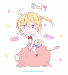 Rule 34 | 1girl, 2019, ahoge, blonde hair, blue eyes, blue skirt, boar, bow, bowtie, chibi, chinese zodiac, clothes around waist, commentary request, heart, miniskirt, official art, onishima homare, open mouth, outstretched arm, pleated skirt, red neckwear, riding, riding boar, sagara riri, school uniform, shirt, simple background, skirt, sleeves rolled up, sounan desuka?, star (symbol), white background, white shirt, year of the pig