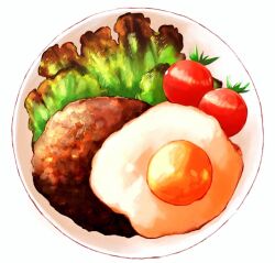 Rule 34 | cherry tomato, egg (food), food, food focus, fried egg, leaf, lettuce, meat, no humans, oikawa 2301, original, plate, simple background, still life, tomato, white background