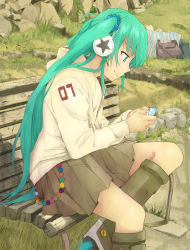 Rule 34 | 1girl, bad id, bad pixiv id, boots, face, green eyes, green hair, hatsune miku, headphones, ito to yuki, knee boots, long hair, matching hair/eyes, sitting, skirt, solo, twintails, very long hair, vocaloid