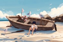 Rule 34 | 1boy, barefoot, beach, bird, black hair, blue shorts, bottle, clam, cloud, commentary request, fishing net, flag, highres, holding, holding paper, lifebuoy, male focus, oar, ocean, original, outdoors, paper, reading, rock, rowboat, scenery, seagull, shirt, short hair, shorts, sitting, sky, solo, swim ring, taizo (taizo 03), torn flag, water, white flag, white shirt, wide shot