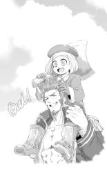 Rule 34 | 1boy, 1girl, abs, axe, beard, blush, carrying, epaulettes, facial hair, fate/grand order, fate (series), gloves, greyscale, hammer (gekidan sharing sky), hat, jacket, long sideburns, long sleeves, military, military uniform, monochrome, muscular, napoleon bonaparte (fate), one eye closed, open clothes, open mouth, paul bunyan (fate), pectorals, piggyback, short hair, sideburns, simple background, sketch, smile, teeth, uniform