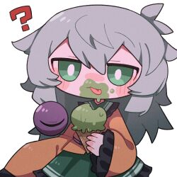 Rule 34 | 1girl, :3, :p, ?, bright pupils, collar, eyeball, food, food on face, green collar, green eyes, green skirt, grey hair, highres, holding, holding food, ice cream, komeiji koishi, long hair, long sleeves, looking at viewer, no headwear, shirt, simple background, skirt, smile, solo, third eye, tongue, tongue out, touhou, upper body, white background, wide sleeves, yellow shirt, zunusama