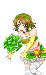 Rule 34 | 1girl, :o, artist request, bare shoulders, blush, bow, breasts, brown hair, character name, cheerleader, collarbone, copyright name, elbow gloves, fingerless gloves, frills, gloves, green skirt, headset, koizumi hanayo, love live!, love live! school idol festival, love live! school idol festival after school activity, love live! school idol project, midriff, navel, official art, open mouth, pom pom (cheerleading), short hair, skirt, solo, star tattoo, striped, takaramonozu, tattoo, thighhighs, transparent background, white thighhighs