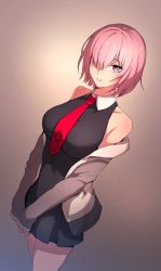 Rule 34 | 1girl, bare shoulders, black dress, breasts, commentary request, dress, etsem, fate/grand order, fate (series), hair over one eye, highres, large breasts, long sleeves, looking at viewer, mash kyrielight, necktie, parted lips, pink hair, purple eyes, red necktie, short hair, solo, standing, thighs