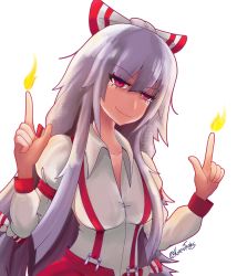 Rule 34 | 1girl, absurdres, artist name, bow, breasts, buttons, collared shirt, fire, fujiwara no mokou, hair bow, highres, hime cut, kanpaithighs, long hair, long sleeves, pants, pointing, pointing up, pyrokinesis, red eyes, red pants, shirt, sidelocks, signature, simple background, sleeve garter, smile, solo, suspenders, touhou, white background, white bow, white hair, white shirt
