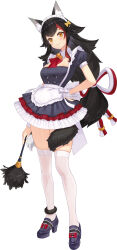 Rule 34 | 1girl, absurdres, alternate costume, animal ear fluff, animal ears, apron, black dress, black hair, breasts, dress, duster, frilled apron, frills, hair ornament, hairclip, hand on own hip, highres, hololive, how u, looking at viewer, maid, maid apron, maid headdress, medium breasts, multicolored hair, ookami mio, platform footwear, platform heels, puffy short sleeves, puffy sleeves, red hair, ribbon, short sleeves, smile, solo, streaked hair, tail, tail around own leg, tail wrap, thighhighs, thighs, unconventional maid, virtual youtuber, waist apron, white apron, wolf ears, wolf girl, wolf tail, wrist cuffs, yellow eyes, yellow ribbon