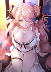 Rule 34 | bad id, bad pixiv id, bare legs, bikini, blue eyes, blush, breasts, cleavage, closed mouth, draph, earrings, eyebrows, granblue fantasy, hair ornament, hair over one eye, highres, horns, jewelry, large breasts, long hair, looking at viewer, nakonbu, narmaya (granblue fantasy), narmaya (summer) (granblue fantasy), navel, one eye covered, pointy ears, purple eyes, sitting, solo, swimsuit, thick thighs, thigh strap, thighs, white bikini