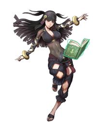 Rule 34 | 1girl, black eyes, black hair, book, bracelet, breasts, capri pants, cleavage, covered navel, feet, female focus, fire emblem, fire emblem fates, fire emblem heroes, full body, high heels, highres, jewelry, kusakihara toshiyuki, large breasts, long hair, matching hair/eyes, nintendo, official art, open mouth, pants, rhajat (fire emblem), sandals, solo, toes, transparent background