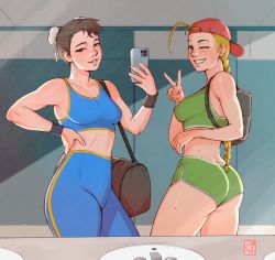Rule 34 | 2girls, backwards hat, bare shoulders, blush, braid, cammy white, capcom, chun-li, gym clothes, gym shorts, hat, highres, looking at viewer, mirror selfie, multiple girls, one eye closed, selfie, shorts, street fighter, sweat, volt crocodile, wink, workout