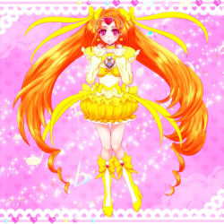 Rule 34 | 10s, 1girl, boots, bow, brooch, bubble skirt, choker, circlet, cure muse, cure muse (yellow), dress, flat sign, frills, full body, gathers, hair ribbon, heart, jewelry, knee boots, long hair, magical girl, musical note, nontans, orange hair, pink background, pink eyes, precure, ribbon, sharp sign, shirabe ako, skirt, smile, solo, sparkle, suite precure, yellow bow