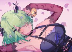 Rule 34 | 1girl, antlers, apple, arm warmers, armpits, breasts, ceres fauna, ceres fauna (goth), choker, cleavage, dress, flower, food, fruit, golden apple, green hair, hair flower, hair ornament, hair over one eye, hairclip, highres, hololive, hololive english, horns, jewelry, kokomi (aniesuakkaman), looking at viewer, mole, mole under eye, necklace, official alternate costume, official alternate hairstyle, parted lips, short hair, solo, upper body, virtual youtuber, yellow eyes