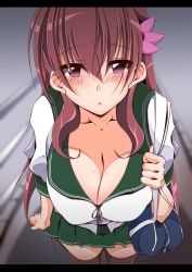 Rule 34 | 1girl, aged up, alternate breast size, black thighhighs, breasts, brown eyes, cleavage, from above, green sailor collar, green skirt, hair ornament, highres, kanbayashi chiko, kantai collection, kisaragi (kancolle), large breasts, long hair, miniskirt, pleated skirt, purple eyes, sailor collar, school uniform, skirt, solo, thighhighs