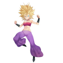 Rule 34 | 10s, 1girl, absurdres, bandeau, bare shoulders, blazh, blonde hair, breasts, caulifla, dragon ball, dragon ball super, female focus, full body, highres, leeloo dallas, midriff, navel, pants, purple pants, saiyan, shiny skin, simple background, smile, solo, spiked hair, stomach, strapless, super saiyan, white background