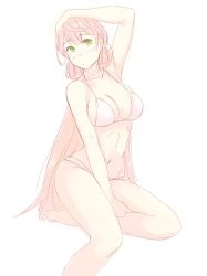 Rule 34 | 1girl, akashi (kancolle), arm up, armpits, bare arms, bare legs, bare shoulders, barefoot, between legs, bikini, breasts, character check, closed mouth, green eyes, hand between legs, hand on own head, highres, kantai collection, large breasts, long hair, looking at viewer, navel, pink bikini, pink hair, sidelocks, simple background, sitting, solo, string bikini, swimsuit, very long hair, white background, yuuji (and)