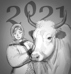 Rule 34 | 1girl, 2021, absurdres, bad id, bad twitter id, blush, chinese zodiac, grey background, greyscale, highres, looking at viewer, mittens, monochrome, original, parted lips, smile, solo, upper body, wass nonnam, year of the ox
