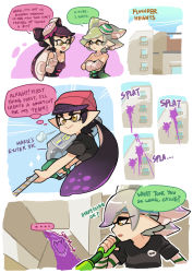 Rule 34 | + +, 2girls, alternate weapon, beanie, black hair, black shirt, brown eyes, callie (splatoon), casual, closed mouth, comic, crossed arms, detached collar, e-liter 3k (splatoon), english text, fangs, food, food on head, gloves, gomipomi, grey hair, hat, highres, holding, holding weapon, inkling, layered clothes, layered sleeves, long hair, long sleeves, looking at another, marie (splatoon), multiple girls, nintendo, object on head, open mouth, parted lips, pointing, pointing up, pointy ears, shirt, short hair, short over long sleeves, short sleeves, sigh, smile, splat roller (splatoon), splatoon (series), splatoon 1, squid, strapless, striped clothes, striped shirt, t-shirt, tentacle hair, upper body, weapon, white gloves