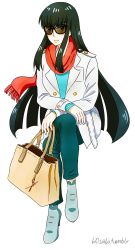 Rule 34 | 10s, 1girl, ankle boots, black hair, blue eyes, blue skirt, blush, boots, denim, eyebrows, fashion, female focus, fringe trim, full body, glasses, h0saki, highres, invisible chair, jacket, jeans, kill la kill, kiryuuin satsuki, long hair, pale skin, pants, red scarf, scarf, simple background, sitting, skirt, solo, stitched, sunglasses, thick eyebrows, third-party edit, white background