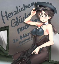 Rule 34 | 1girl, a9b (louis814), assault rifle, bare shoulders, blush, breasts, brown hair, corset, dated, german text, gertrud barkhorn, grey eyes, gun, hair ribbon, hat, highres, leotard, long hair, looking at viewer, low ponytail, pantyhose, playboy bunny, ponytail, ribbon, rifle, sideboob, solo, stg44, strike witches, translated, weapon, world witches series