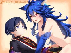 1boy 1girl absurdres animal_ear_fluff animal_ears black_bodysuit black_kimono black_shorts blue_hair bodysuit breasts censored closed_mouth clothed_male_nude_female completely_nude dark_background fenrir_(shingeki_no_bahamut) fenrir_bluewolf genshin_impact gold granblue_fantasy highres japanese_clothes kimono long_hair mandarin_collar non-web_source nude open_clothes open_kimono purple_eyes purple_hair red_eyes scaramouche_(genshin_impact) shingeki_no_bahamut shorts small_breasts tail wolf_ears wolf_girl wolf_paws wolf_tail