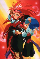 Rule 34 | 1990s (style), 2girls, age difference, aged up, baby, breasts, dual persona, green eyes, hair slicked back, hakubi washuu, highres, large breasts, long hair, multiple girls, red hair, retro artstyle, skirt, spiked hair, tenchi muyou!, time paradox, very long hair