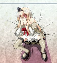 Rule 34 | 10s, 1girl, bare shoulders, black footwear, blonde hair, blush, braid, commentary request, corset, covering face, crack, crown, dress, embarrassed, flower, french braid, full-face blush, hairband, high heels, kabe ni hamatte ugokenai!, kantai collection, long hair, long sleeves, mini crown, off shoulder, red flower, red ribbon, red rose, ribbon, rose, shoes, solo, steam, thighhighs, through wall, tk8d32, trembling, wall, warspite (kancolle)