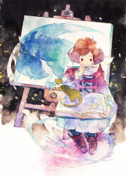 Rule 34 | 1girl, 21grams, ahoge, black background, blue pantyhose, book, boots, bow, brown eyes, brown footwear, brown hair, closed mouth, coat, commentary request, cross-laced footwear, dragon, dress, easel, full body, holding, holding book, holding paintbrush, lapels, layered sleeves, light blush, long sleeves, looking at object, medium dress, notched lapels, open book, original, paintbrush, painting (medium), pantyhose, pleated skirt, reading, red coat, red sleeves, scarf, short hair, sitting, skirt, smile, smoke, solo, stool, traditional media, turning page, two-tone background, watercolor (medium), weasel, white background, white bow, white dress, white scarf, winter clothes, winter coat