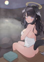 Rule 34 | 1girl, absurdres, animal ears, ass, black hair, blue archive, blue eyes, breasts, dog ears, dog girl, dog tail, halo, hibiki (blue archive), highres, long hair, looking at viewer, looking back, naked towel, onsen, open mouth, sitting, solo, tail, towel, yellow halo, yungun (dbsrjsdn0330)