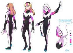 Rule 34 | 1girl, 2022, alternate costume, animification, blonde hair, blue eyes, bodysuit, breasts, character name, character sheet, closed mouth, colored tips, commentary, flats, full body, gwen stacy, highres, hood, hooded bodysuit, looking at viewer, marvel, mask, medium breasts, multicolored hair, pink hair, short hair, silk, smile, solo, spider-gwen, spider-man (series), spider web, spider web print, standing, superhero costume, sushi pizza rrr