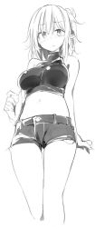 Rule 34 | 1girl, bare arms, bare shoulders, breasts, commentary, crop top, feet out of frame, grey background, greyscale, hair between eyes, kamukamu (ars), large breasts, midriff, mizuhashi parsee, monochrome, navel, pointy ears, shirt, short hair, short shorts, shorts, simple background, sleeveless, sleeveless shirt, solo, standing, stomach, stomach day, thighs, touhou, white background