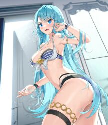 Rule 34 | 1girl, ass, bandaged hand, bandages, bikini, blue bikini, blue eyes, blue hair, blush, bow, bow bikini, bracelet, breasts, closers, cowboy shot, from below, from side, hair between eyes, hand up, highres, holding, holding hair, indoors, jewelry, large breasts, long hair, looking at viewer, necklace, official art, open door, open mouth, pearl necklace, solo, stomach, striped bikini, striped clothes, swimsuit, thigh strap, thighlet, v-shaped eyebrows, very long hair, violet (closers), wet, white bow, window