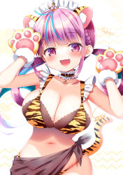 Rule 34 | 1girl, :d, anchor symbol, animal ears, animal hands, animal print, bare arms, blue hair, blush, braid, breasts, choker, claws, collarbone, commentary request, cowboy shot, frilled choker, frills, gao, gloves, highres, hololive, large breasts, looking at viewer, maid headdress, minato aqua, multicolored hair, navel, open mouth, paw gloves, paw pose, pink eyes, pink hair, print choker, sarong, sasai saji, simple background, smile, solo, streaked hair, tail, tiger ears, tiger print, tiger tail, twintails, two-tone hair, virtual youtuber